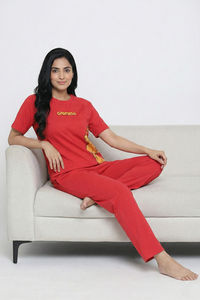 Zivame Garfield Knit Cotton Loungewear Set - Mars Red — thumbnail 6